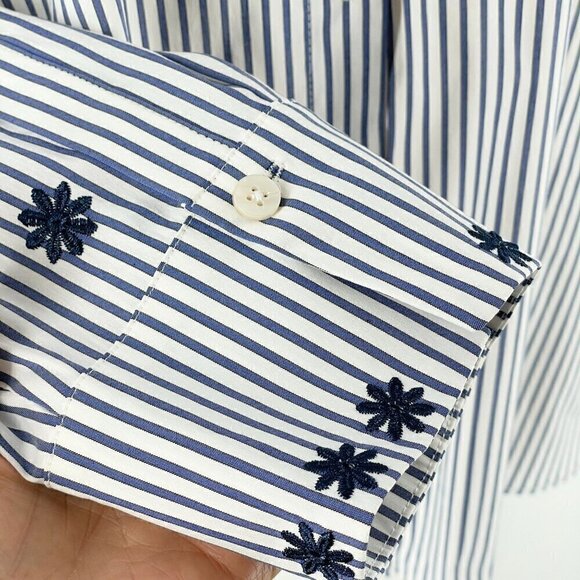 Chico's Blue White Stripe Embroidered Eyelet Embellished Sleeve Poplin Shirt 16 - Picture 9 of 12